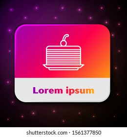 White line Cake icon isolated on black background. Happy Birthday. Rectangle color button. Vector Illustration