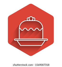 White line Cake icon isolated with long shadow. Happy Birthday. Red hexagon button. Vector Illustration