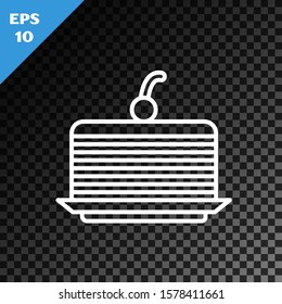 White line Cake icon isolated on transparent dark background. Happy Birthday.  Vector Illustration