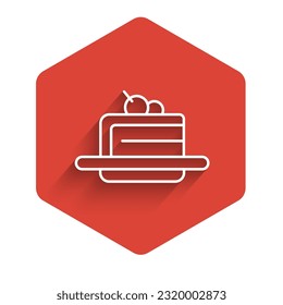 Icono de Pastel de línea blanca aislado con sombra larga. Feliz cumpleaños. Botón hexágono rojo. Vector