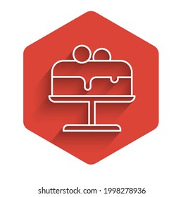 White line Cake on plate icon isolated with long shadow. Happy Birthday. Red hexagon button. Vector