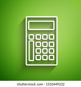 White line Calculator icon isolated on green background. Accounting symbol. Business calculations mathematics education and finance.  Vector Illustration