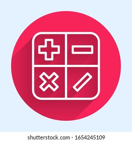 White line Calculator icon isolated with long shadow. Accounting symbol. Business calculations mathematics education and finance. Red circle button. Vector Illustration