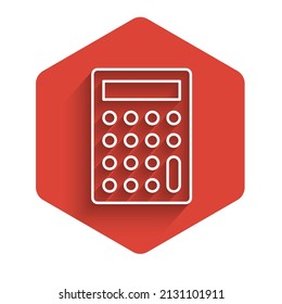 White line Calculator icon isolated with long shadow. Accounting symbol. Business calculations mathematics education and finance. Red hexagon button. Vector