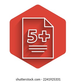 Icono de Calculadora de línea blanca aislado con sombra larga. Símbolo de contabilidad. Cálculos empresariales, educación y finanzas matemáticas. Botón hexágono rojo. Ilustración vectorial