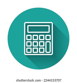 White line Calculator icon isolated with long shadow background. Accounting symbol. Business calculations mathematics education and finance. Green circle button. Vector