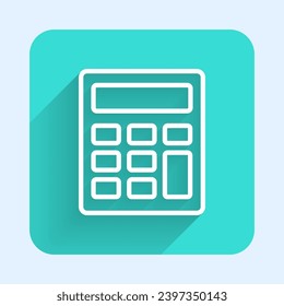 White line Calculator icon isolated with long shadow. Accounting symbol. Business calculations mathematics education and finance. Green square button. Vector
