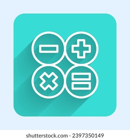 White line Calculator icon isolated with long shadow. Accounting symbol. Business calculations mathematics education and finance. Green square button. Vector