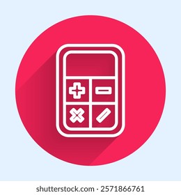 White line Calculator icon isolated with long shadow. Accounting symbol. Business calculations mathematics education and finance. Red circle button. Vector Illustration