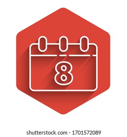 White line Calendar with 8 March icon isolated with long shadow. International Happy Women Day. Red hexagon button. Vector Illustration