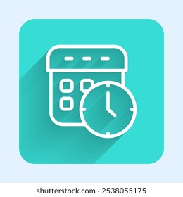 White line Calendar and clock icon isolated with long shadow background. Schedule, appointment, organizer, timesheet, time management. Green square button. Vector