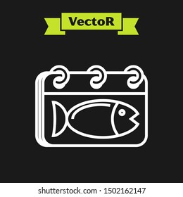 White line Calendar with a fish icon isolated on black background. Day of fish.  Vector Illustration