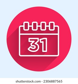 White line Calendar with Halloween date 31 october icon isolated with long shadow. Happy Halloween party. Red circle button. Vector