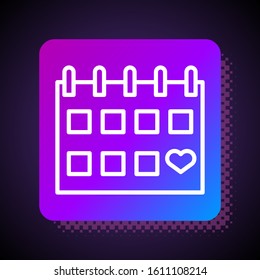 White line Calendar with heart icon isolated on black background. Valentines day. Love symbol. February 14. Square color button. Vector Illustration