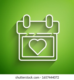 White line Calendar with heart icon isolated on green background. Valentines day. Love symbol. February 14.  Vector Illustration