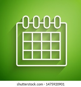 White line Calendar icon isolated on green background. Event reminder symbol.  Vector Illustration