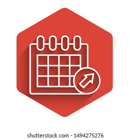 White line Calendar icon isolated with long shadow. Event reminder symbol. Red hexagon button. Vector Illustration