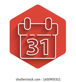 White line Calendar icon isolated with long shadow. Event reminder symbol. Merry Christmas and Happy New Year. Red hexagon button. Vector Illustration