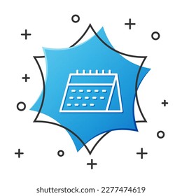 White line Calendar icon isolated on white background. Event reminder symbol. Blue hexagon button. Vector