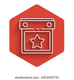 White line Calendar party icon isolated with long shadow. Event reminder symbol. Red hexagon button. Vector