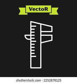 White line Calliper or caliper and scale icon isolated on black background. Precision measuring tools.  Vector