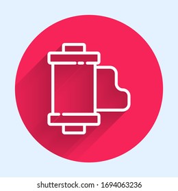 White line Camera vintage film roll cartridge icon isolated with long shadow. 35mm film canister. Filmstrip photographer equipment. Red circle button. Vector Illustration
