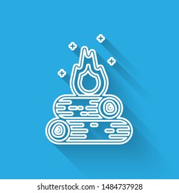 White line Campfire icon isolated with long shadow. Burning bonfire with wood.  Vector Illustration