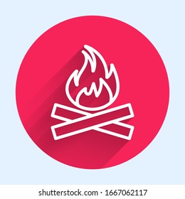 White line Campfire icon isolated with long shadow. Burning bonfire with wood. Red circle button. Vector Illustration