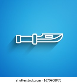 White line Camping knife icon isolated on blue background. Long shadow. Vector Illustration