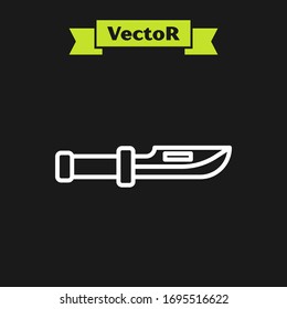 White line Camping knife icon isolated on black background.  Vector Illustration