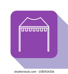 White line Camping tent icon isolated on white background. Carnival camping tent. Amusement park. Purple square button. Vector Illustration