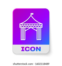 White line Camping tent icon isolated on white background. Carnival camping tent. Amusement park. Rectangle color button. Vector Illustration