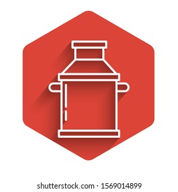 White line Can container for milk icon isolated with long shadow. Red hexagon button. Vector Illustration