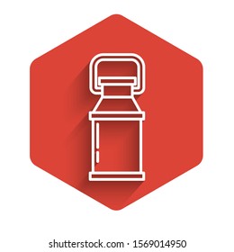 White line Can container for milk icon isolated with long shadow. Red hexagon button. Vector Illustration