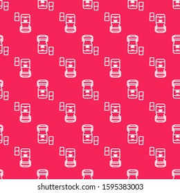 White line Can container for milk and glass icon isolated seamless pattern on red background.  Vector Illustration