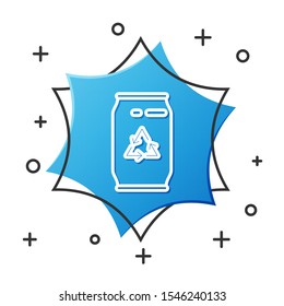 White line Can with recycle symbol and can icon isolated on white background. Trash can icon. Garbage bin sign. Recycle basket sign. Blue hexagon button. Vector Illustration