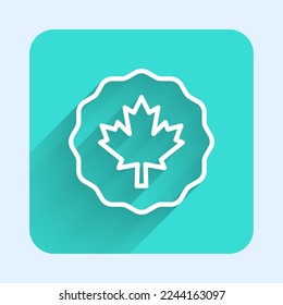 Weiße Linie Kanadisches Ahornblatt Symbol einzeln auf langem Hintergrund. Kanada Symbol Ahornblatt. Grüner Quadrat-Knopf. Vektorgrafik