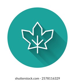 White line Canadian maple leaf icon isolated with long shadow. Canada symbol maple leaf. Green circle button. Vector