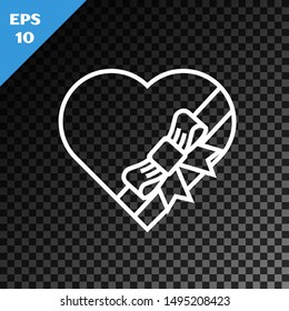 White line Candy in heart shaped box and bow icon isolated on transparent dark background. Valentines Day.  Vector Illustration