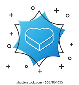 White line Candy in heart shaped box and bow icon isolated on white background. Valentines Day. Blue hexagon button. Vector Illustration