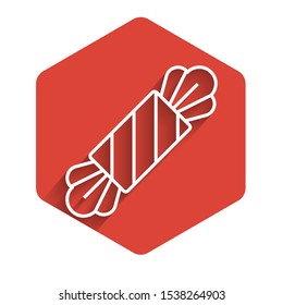 White line Candy icon isolated with long shadow. Happy Halloween party. Red hexagon button. Vector Illustration