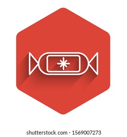 White line Candy icon isolated with long shadow. Merry Christmas and Happy New Year. Red hexagon button. Vector Illustration