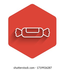 White line Candy icon isolated with long shadow. Red hexagon button. Vector Illustration