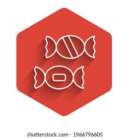 White line Candy icon isolated with long shadow. Red hexagon button. Vector
