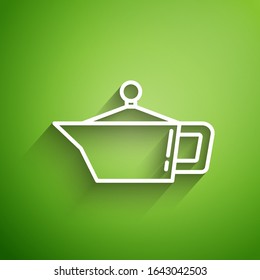 White line Canister for motor machine oil icon isolated on green background. Oil gallon. Oil change service and repair.  Vector Illustration