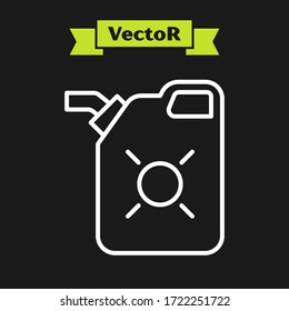 White line Canister for motor machine oil icon isolated on black background. Oil gallon. Oil change service and repair. Engine oil sign.  Vector Illustration