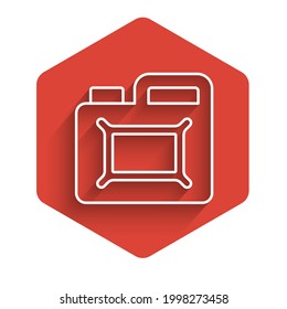 White line Canister for motor machine oil icon isolated with long shadow background. Oil gallon. Oil change service and repair. Engine oil sign. Red hexagon button. Vector