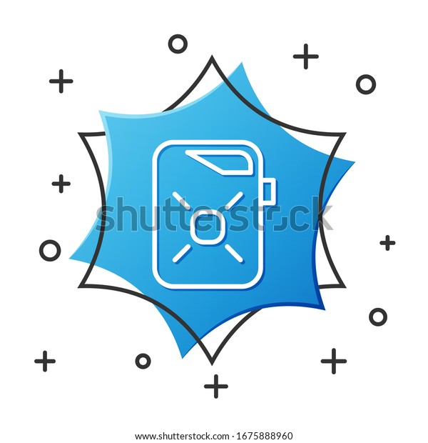 White line\
Canister for motor machine oil icon isolated on white background.\
Oil gallon. Oil change service and repair. Engine oil sign. Blue\
hexagon button. Vector\
Illustration