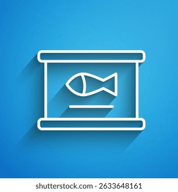 White line Canned fish icon isolated on blue background. Long shadow. Vector