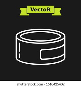 White line Canned food icon isolated on black background. Food for animals. Pet food can.  Vector Illustration